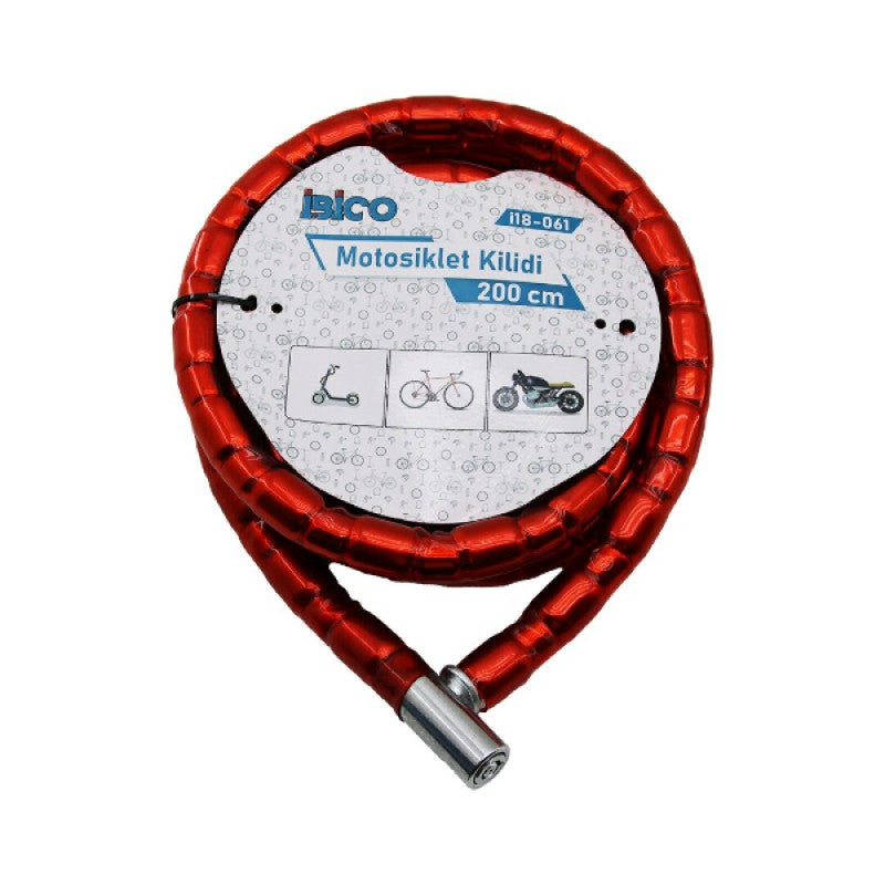 Kırmızı Motor & Bisiklet Kilidi 22 mm x 200 cm | Çelik Halatlı Uzun Güvenlik Kilidi