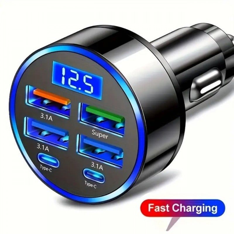 6 Portlu Dijital Göstergeli Hızlı Araç Şarj Cihazı – 4 USB + 2 Type-C Fast Charging