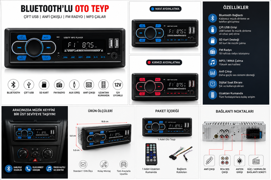 Araç Oto Teyp Bluetoothlu Çift USB Girişli Anfi Çıkışlı FM Radyo MP3 Çalar Eco Model 12V