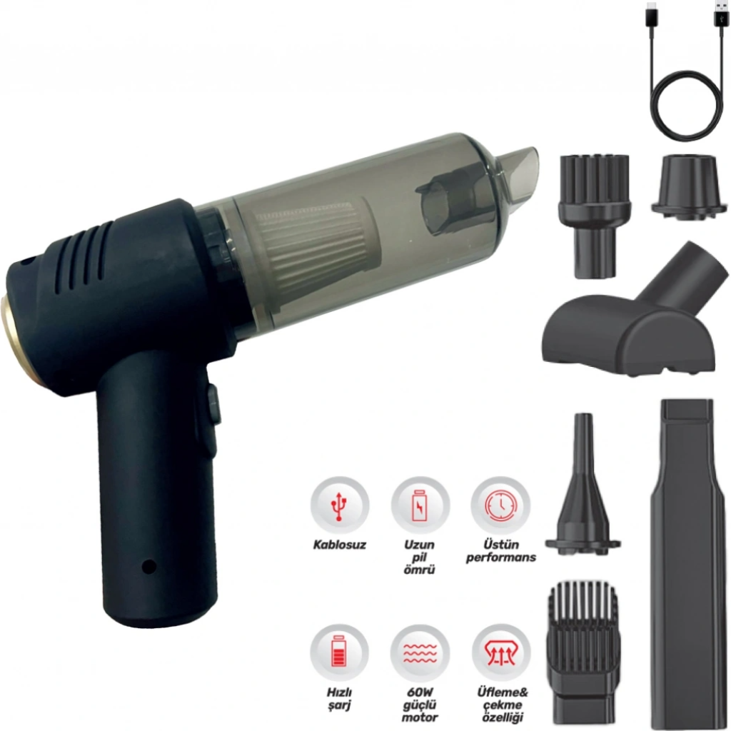 Araç İçi Şarjlı Süpürge - 60WATT Yüksek Güç Uzun Şarj