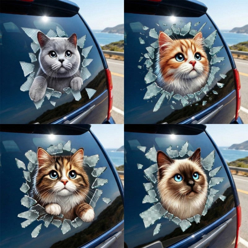 Fulcar Kedi Tasarımlı Araç Stickerı 3D Kırık Cam Efektli Cam Oto Sticker 10x10 cm