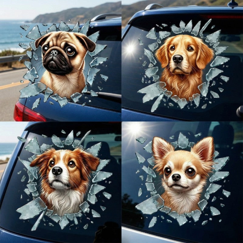 Fulcar Köpek Tasarımlı Araç Stickerı 3D Kırık Cam Efektli Oto Cam Sticker 10x10 cm