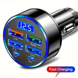 6 Portlu Dijital Göstergeli Hızlı Araç Şarj Cihazı – 4 USB + 2 Type-C Fast Charging