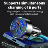 6 Portlu Dijital Göstergeli Hızlı Araç Şarj Cihazı – 4 USB + 2 Type-C Fast Charging