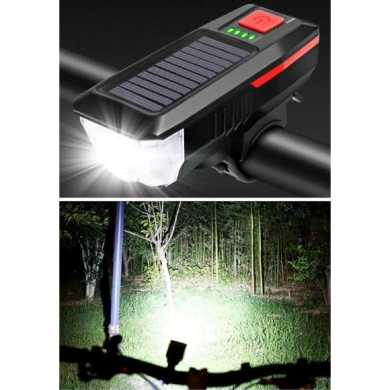Güneş Enerjili Bisiklet Işıklı Korna | USB Şarj Destekli | Güçlü LED ve Yüksek Ses