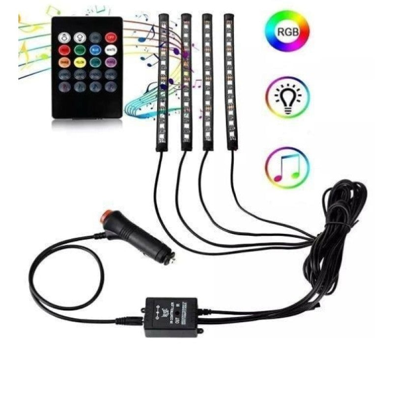 Araç İçi Ayak Altı Sese Duyarlı RGB Şerit LED 4’lü Set | Kumandalı & 12V Oto Aydınlatma